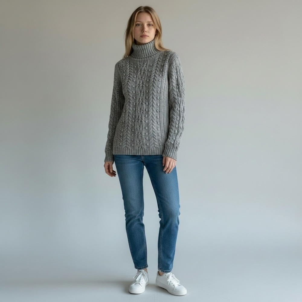 Gap Turtleneck Sweater Womens L Gray Cable Knit Bobble Wool Cotton Grandmacore